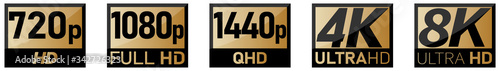 Video or screen resolution icons, black numbers with HD, QHD, ULTRA HD text in golden rectangle