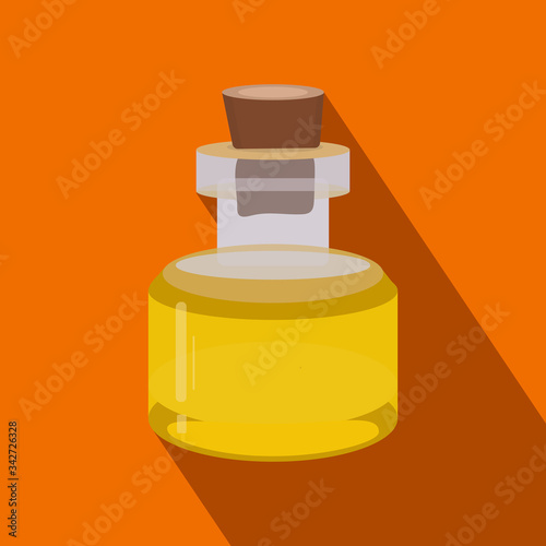 Oil golden syrup in glass bottle with shadow. Cartoon flat Vector stock illustration isolated on orange background with dark orange shadow. Design for web and ets.