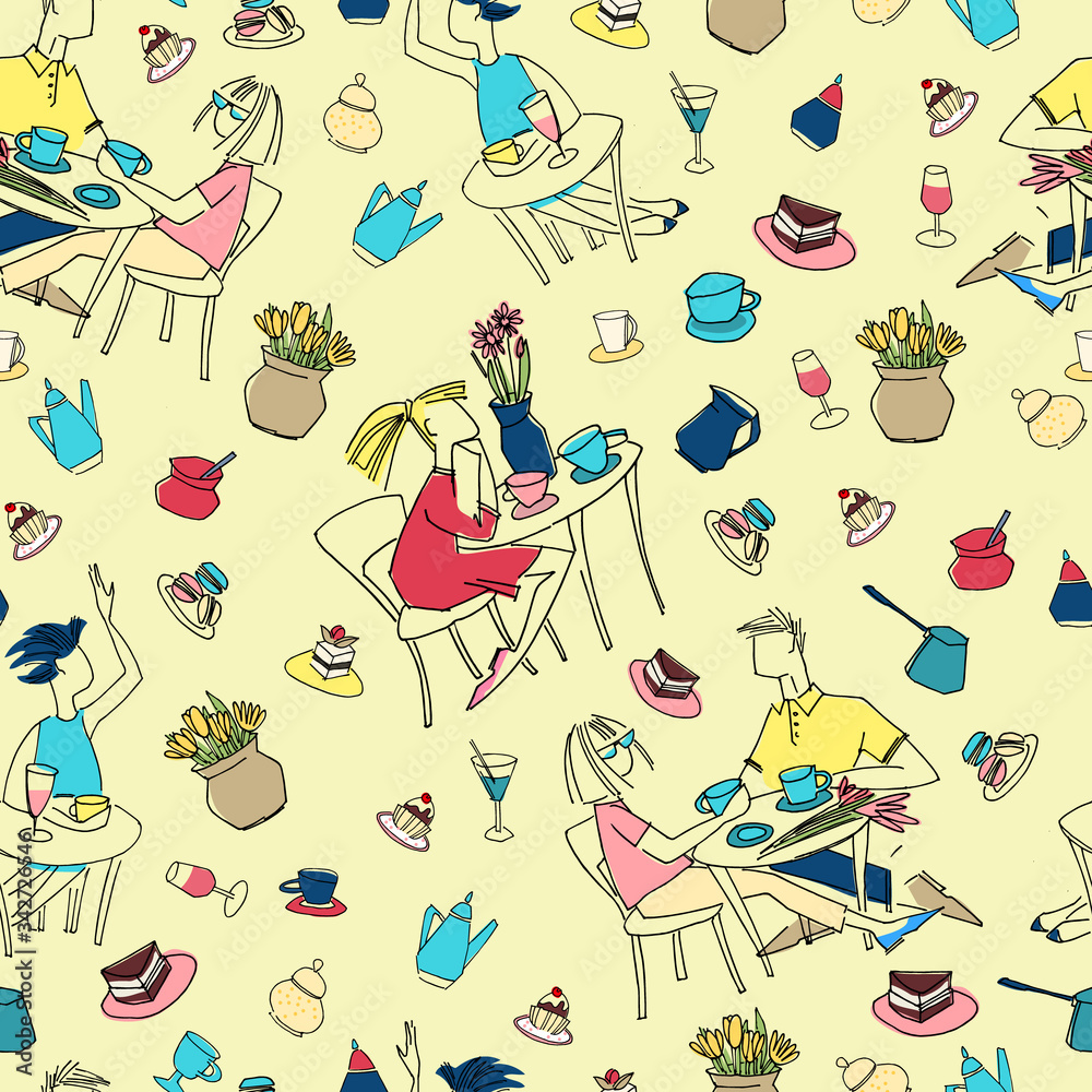 Seamless pattern made of cafe scenes and objects. Hand drawn vector illustrations on light-colored background Seamless pattern made of cafe scenes and objects. Hand drawn vector illustrations on light-colored background