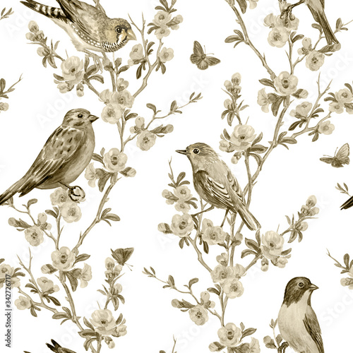 Seamless pattern of birds and flowering branches, monochrome background for wallpaper, print for fabric and other designs.