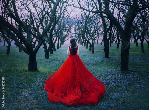 woman princess walk enjoy autumn forest nature back view. Lady Witch queen brunette wavy hair. Red vintage luxury tulle fluffy magnificent dress long train. spring park garden black bare tree trunks