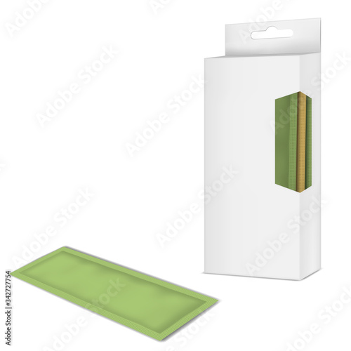 White blank display box with open clear window and euro slot hanger filled with sachet, vector mock-up