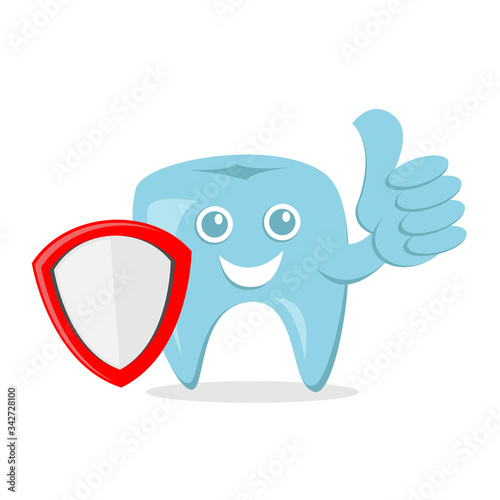 dental protection cartoon vector illustration with smile face and shield and thumbs up hand, good for dental health care. flat color style