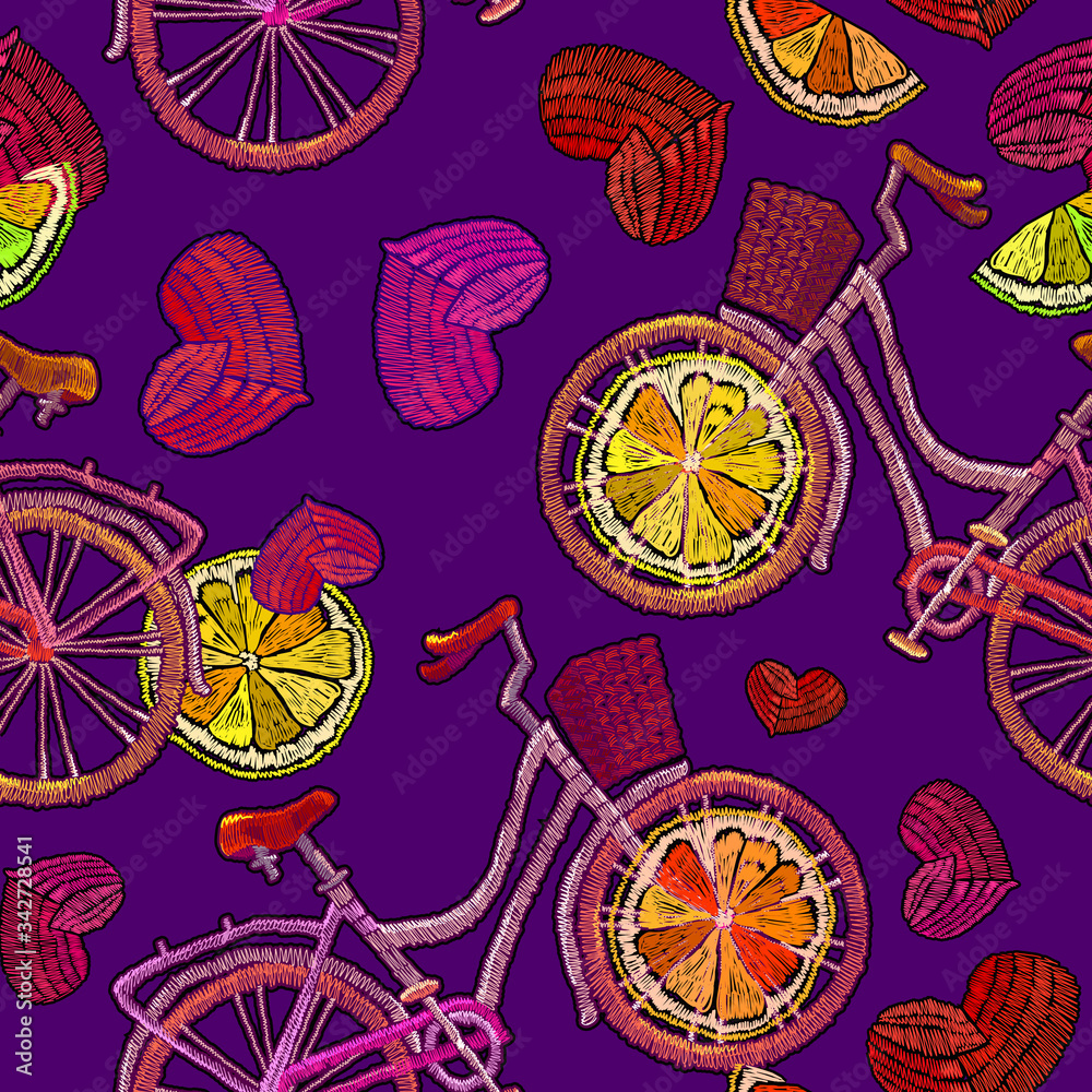 Bicycle, lemon slice and red heart, seamless pattern. Embroidery art. Summer and spring floral illustration. Romantic lifestyle concept. Fashion template for clothes, t-shirt design