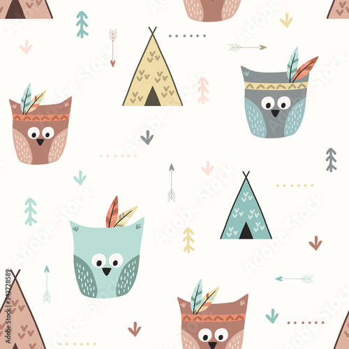 Seamless pattern with owls. Funny childish texture.