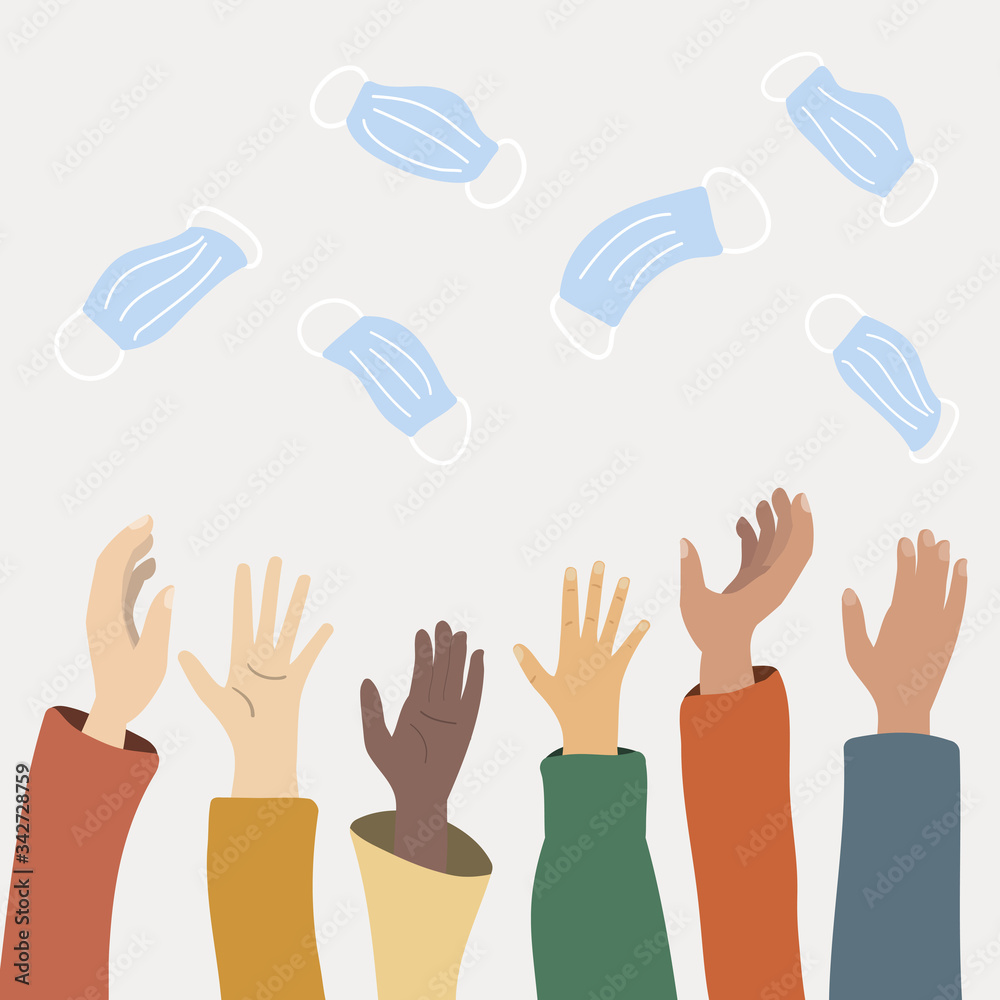 Fototapeta premium Coronavirus win concept. Hands throwing up medical masks.