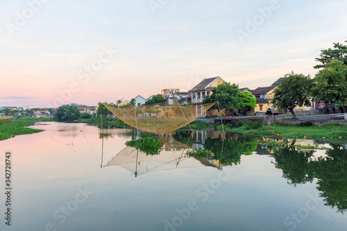 Panorama Aerial view of Hoi An ancient town, UNESCO world heritage, at Quang Nam province. Vietnam. Hoi An is one of the most popular destinations in Vietnam. Boat on Hoai river