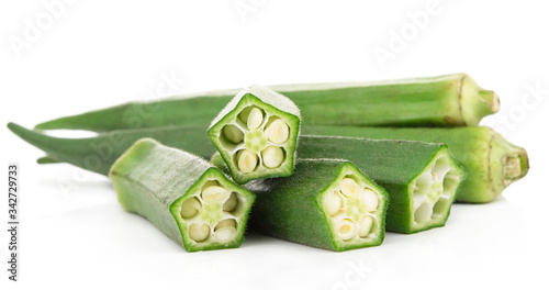 Fresh young okra healthy fresh vegetable from nature isolated on a white background.