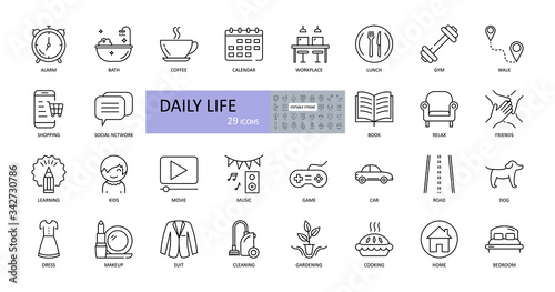 Vector daily life icons. Editable Stroke. Daily routine, home, work, children, entertainment, sports, food and cooking, car, road, pets, shopping, clothes, cleaning, gardening, reading