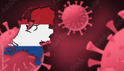 Netherlands map with flag pattern on corona virus update on corona virus background, space for add text,information,report new case,total deaths,new deaths,serious critical,active cases