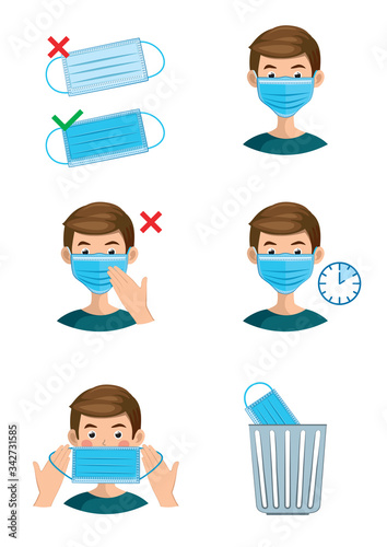 instructions on how to properly put on, wear and remove the mask. boy in a mask on a white background. vector illustration