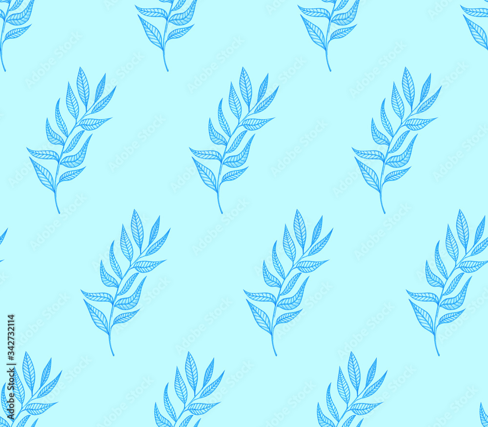Blue spring branches on a blue background. Can be used for print and design, sketch textile, background, wrapping paper, packaging. Watercolor illustration pattern.