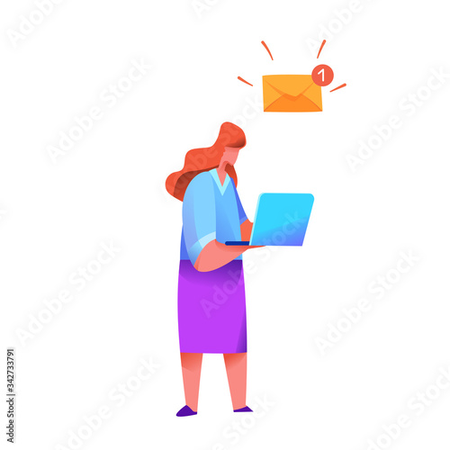 Vector woman with laptop with new message inbox