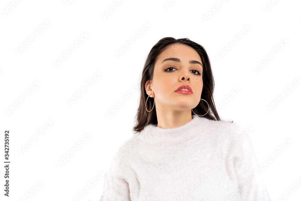 Portrait of beautiful woman isolated on white background. Pretty woman looking at camera Portrait of beautiful woman isolated on white background. Pretty woman looking at camera