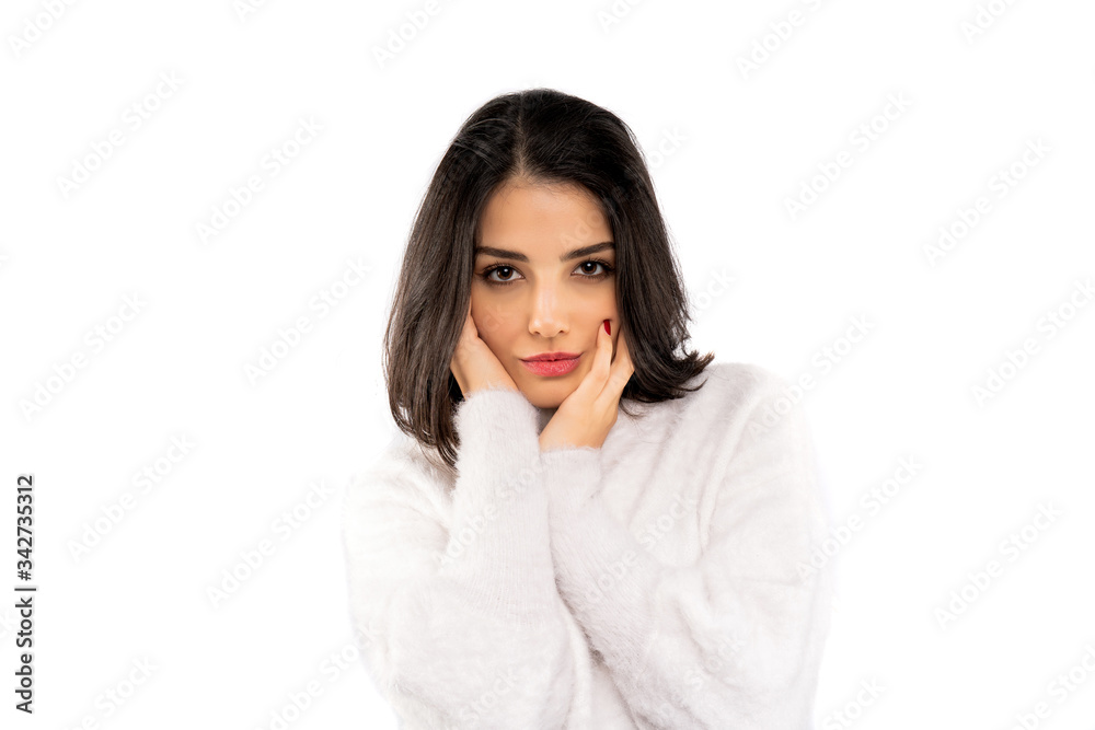 Portrait of beautiful woman isolated on white background. Pretty woman looking at camera Portrait of beautiful woman isolated on white background. Pretty woman looking at camera