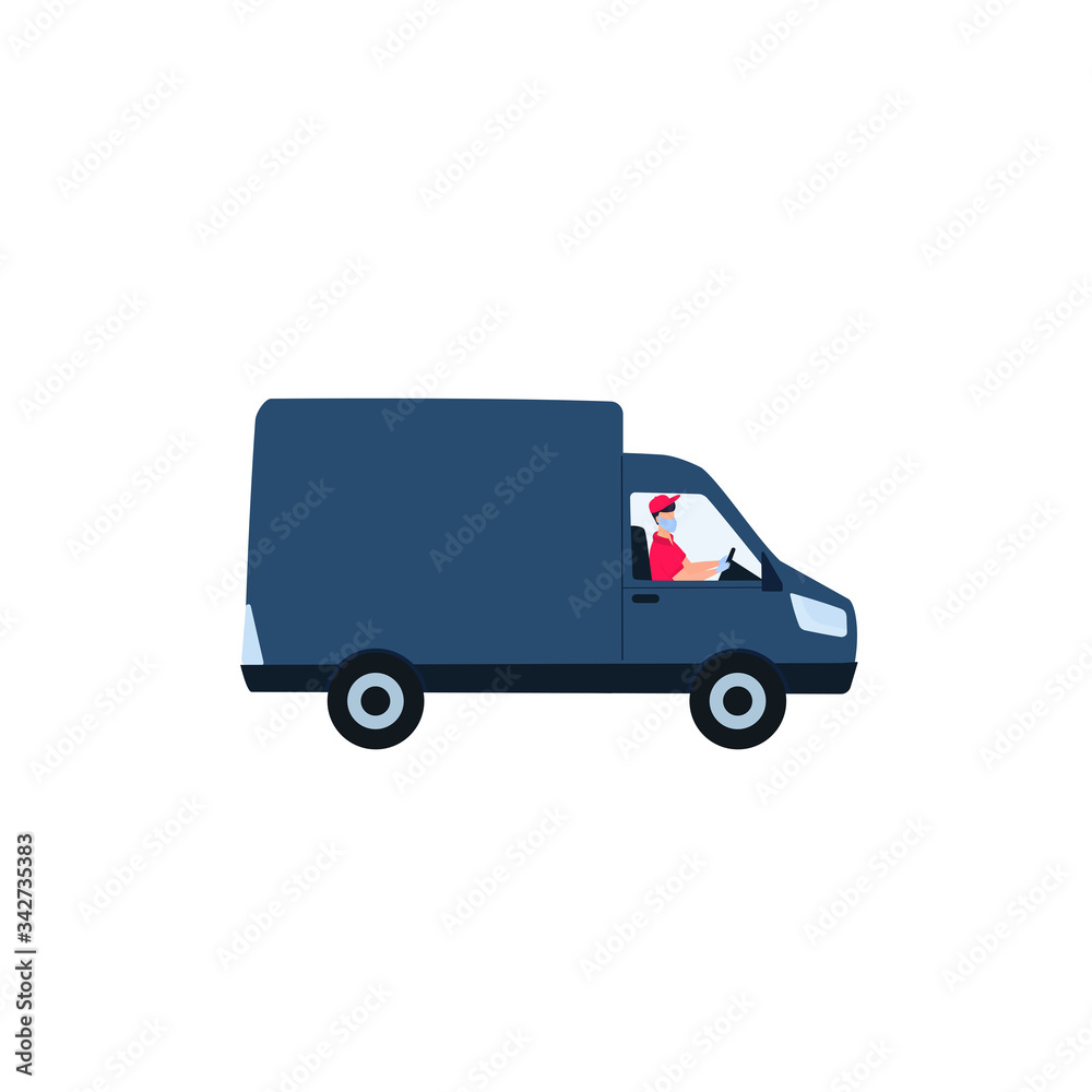 Safe delivery during coronavirus COVID-19. Delivery man on a car. Stay home concept. Quarantine Safe delivery during coronavirus COVID-19. Delivery man on a car. Stay home concept. Quarantine