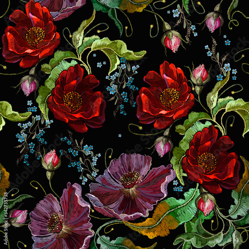 Embroidery violet flowers and red roses. Summer seamless pattern. Fashion template for clothes, textiles and t-shirt design. Summer garden art. Botanical illustration