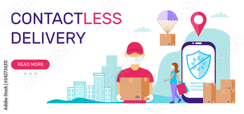 Contactless safe delivery service. Flat style vector template for banner, landing page, web site.