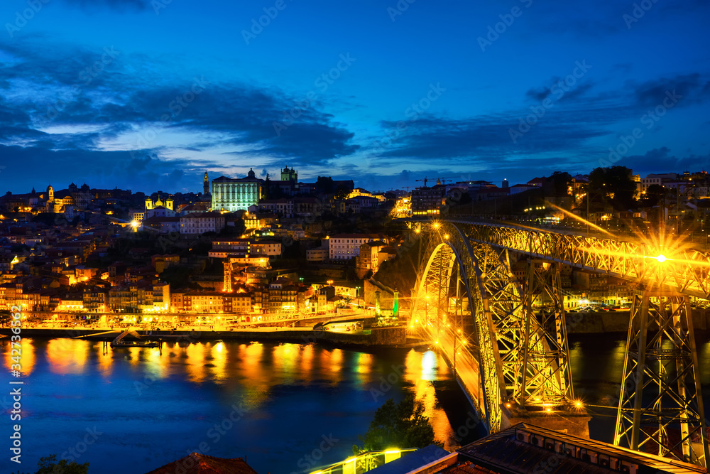 Aerial view of Ribeira area in Porto, Portugal during a night with river