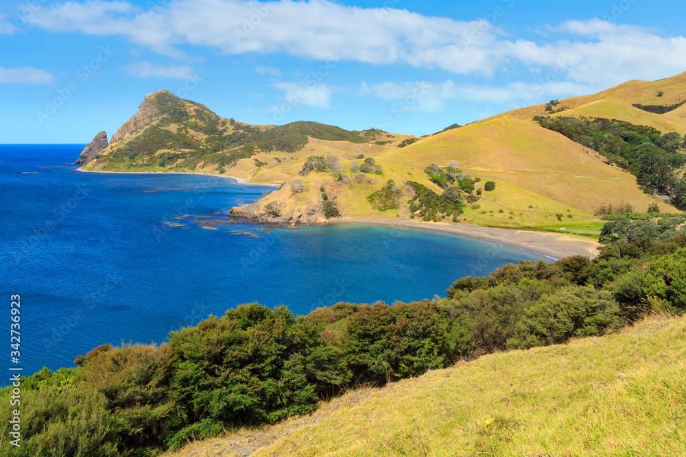 Obraz premium Fletcher Bay on the remote northern tip of the Coromandel Peninsula, New Zealand. At the end of the peninsula in the background is Sugar Loaf Hill and 