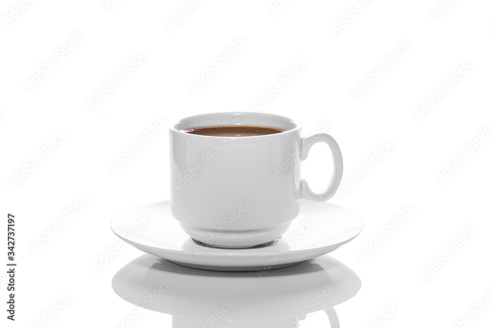 small white porcelain Cup with hot coffee on a white saucer side view isolated on a white background small white porcelain Cup with hot coffee on a white saucer side view isolated on a white background