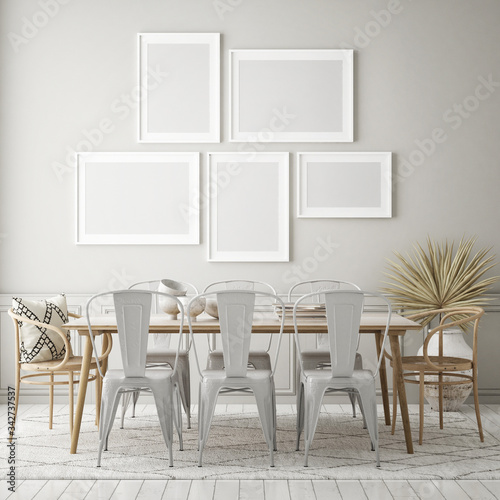 mock up poster frame in modern interior background  dinning room  Scandinavian style  3D render  3D illustration