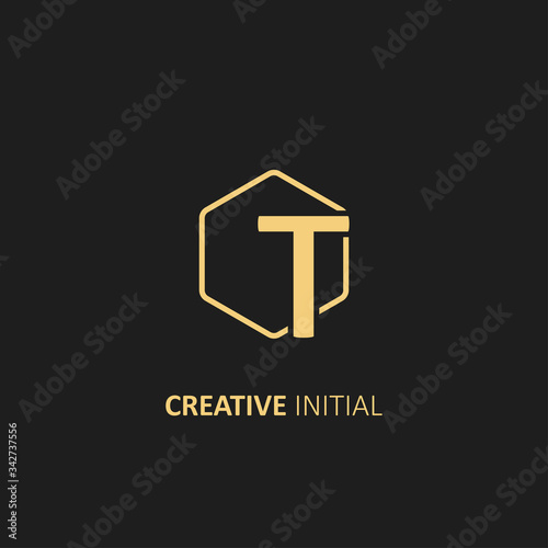 Letter T Logo with Outline Hexagon Frame. Design vector illustration template