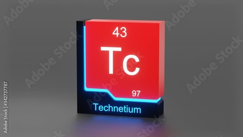 Technetium, periodic table element 3D animation, modern educational red icon with blue neon light