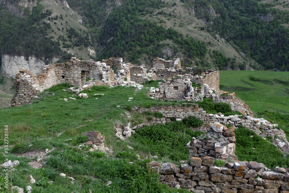 unknown ruins of an ancient city on a mountainside in Chechnya