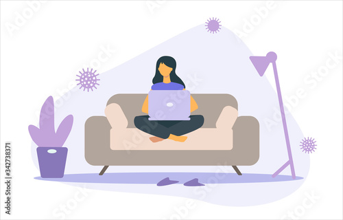 Work from home in virus outbreak, social distancing work at home to prevent virus infection. Distant education. Woman with houseplant, laptop, sofa, floor lamp. Vector for web banner, landing page