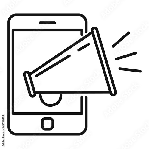 Smartphone campaign megaphone icon. Outline smartphone campaign megaphone vector icon for web design isolated on white background