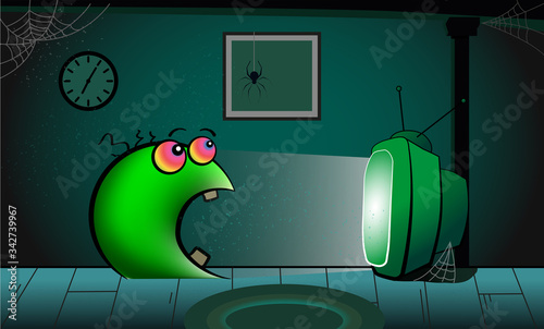 Scared character watching tv news vector illustration. Horror movie on screen. Home environment. Spider on a wall. Mesmerized eyes of a green monster. Dark room. Media brainwashing concept.