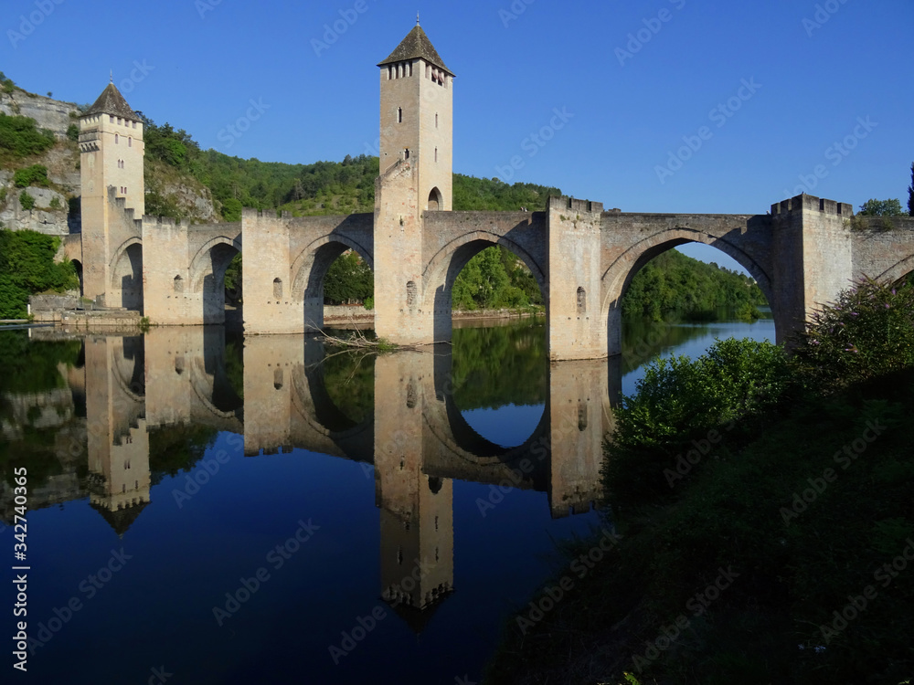 View of the Gothic Valentre Bridge (14th century) . City of Cahors. France.