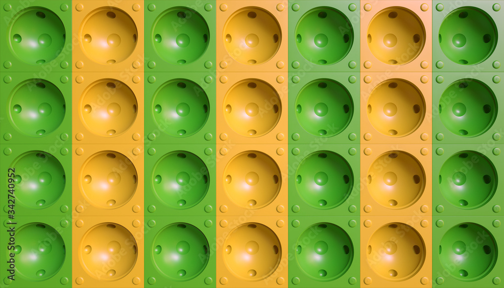 Spherical dimpled background with green and yellow color. 3d Rendering ...
