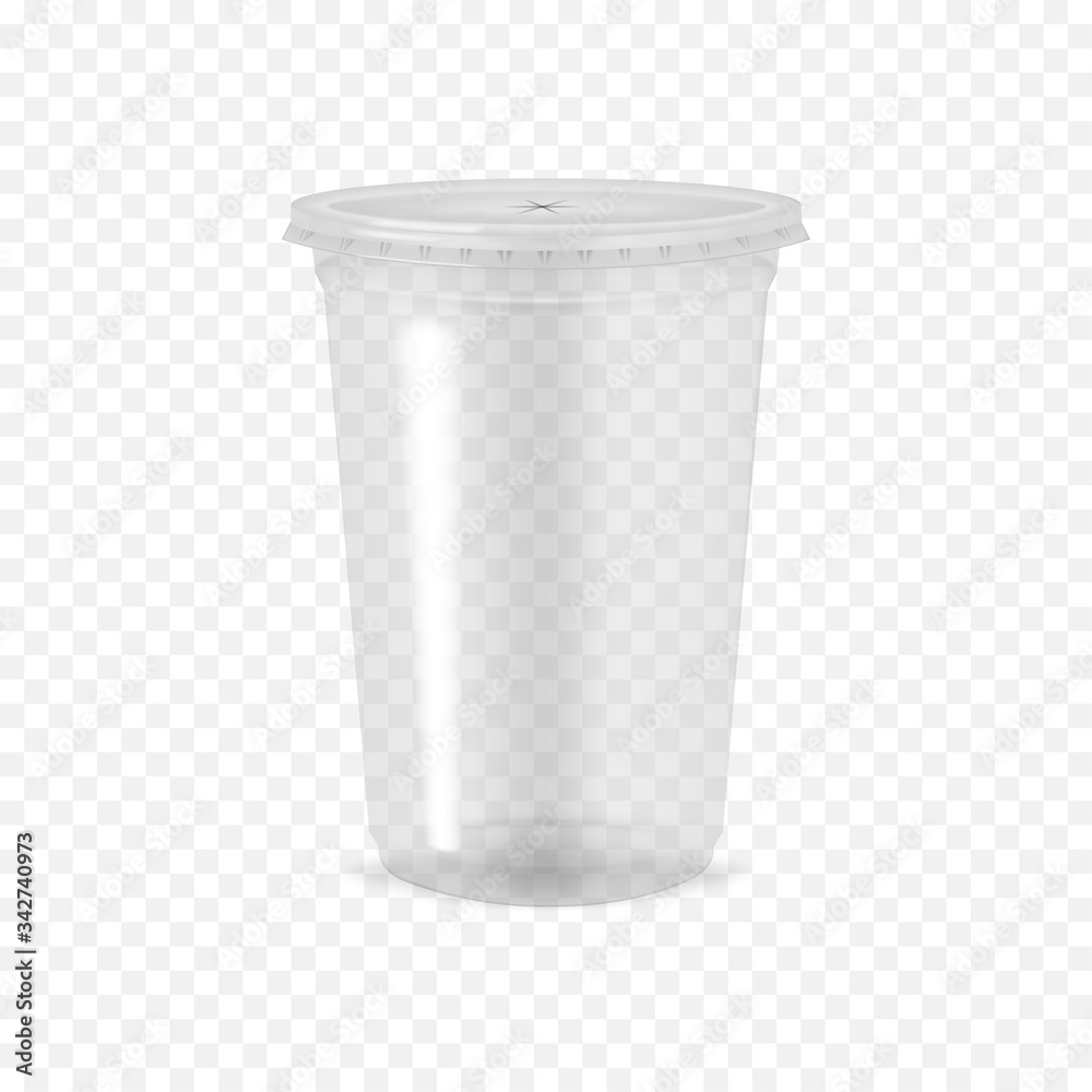 Clear empty plastic cup with flat lid on transparent background, realistic  mockup. Disposable takeaway drink container, vector template Stock Vector