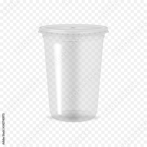 Clear empty plastic cup with flat lid  on transparent background, realistic mockup. Disposable takeaway drink container, vector template