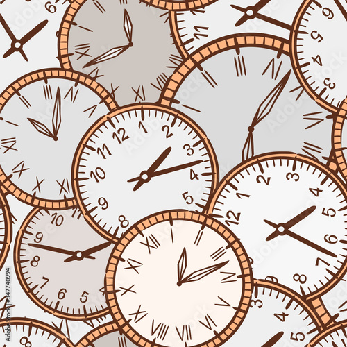 Seamless pattern of hand-drawn watches. Round clock in retro style. Vector steampunk background in blue tones on the theme of mechanics, dials, technology, time and eternity.