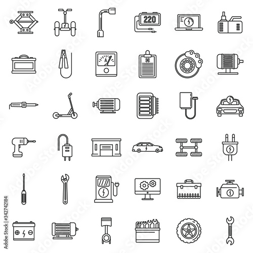 Electric vehicle repair service icons set. Outline set of electric vehicle repair service vector icons for web design isolated on white background