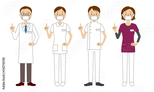 Illustration set of smiling healthcare workers (doctors, nurses, physiotherapists, radiologists)
