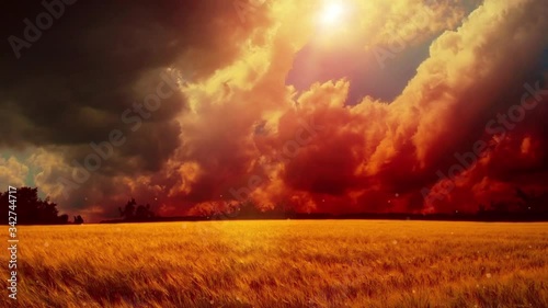 Parallax effect in the wheat field. Beautiful sunset and clouds.
