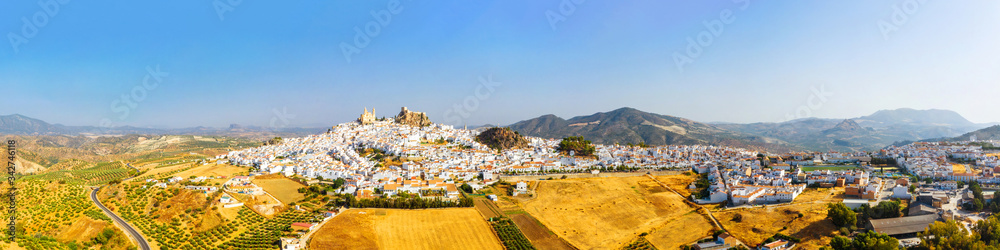 Aerial view of old touristic town Olvera, Spain surrounded by mountains