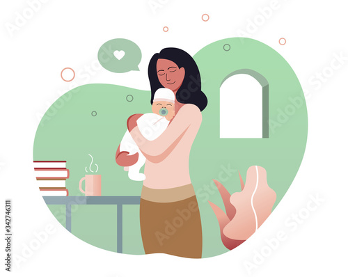 Mother and child staying at home vector illustration. Mom holding a baby with care and tenderness. Parent love. Mothers day card. Books and cup on table. Window and leaves at room.