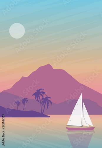 Vector illustration of a beautiful seascape with a sailboat.