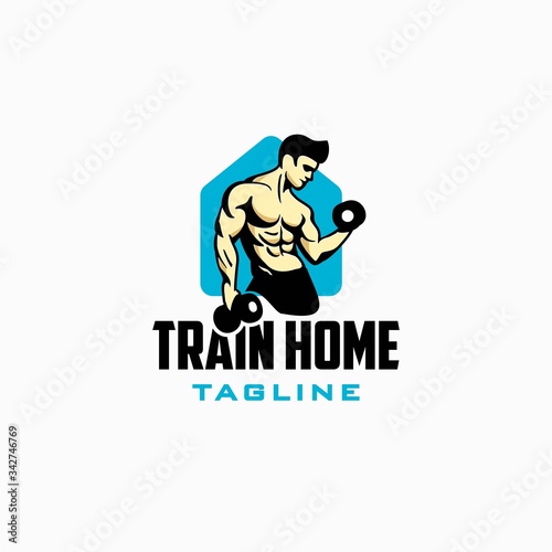 home workout logo design inspiration . home fitness logo design template . train gym at home logo . muscular man lifting dumbbells vector