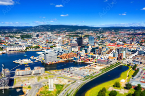 Aerial view of Sentrum area of Oslo, Norway, with Barcode buildings and the river Akerselva