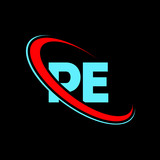 PE P E letter logo design. Initial letter PE linked circle upercase monogram logo red and blue. PE logo, P E design