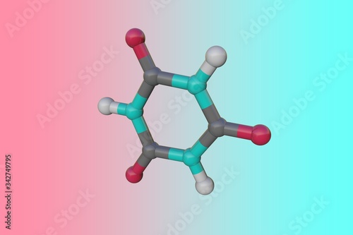 Molecular model of cyanuric acid. Atoms are represented as spheres with conventional color coding: carbon (grey), oxygen (red), nitrogen (blue), hydrogen (white). 3d illustration