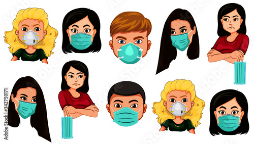 People faces wearing cute breathing face masks. Breathing face masks. Modern covid-19 people social isolation. Quarantine on coronavirus