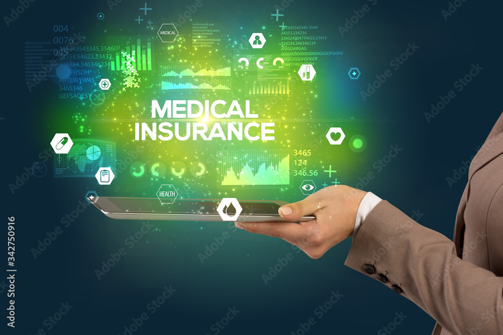 Close-up of a touchscreen with MEDICAL INSURANCE inscription, medical concept Close-up of a touchscreen with MEDICAL INSURANCE inscription, medical concept
