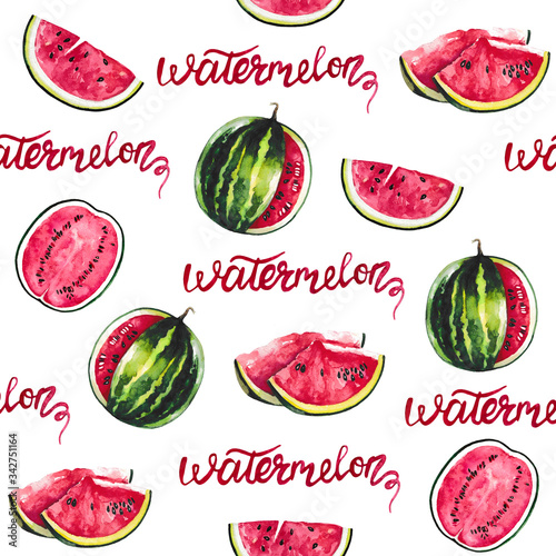 Fototapeta Naklejka Na Ścianę i Meble -  Watercolor pattern of watermelons and leaves on a white background. This work can be used for various types of design: printing on fabric, wrapping paper and others.